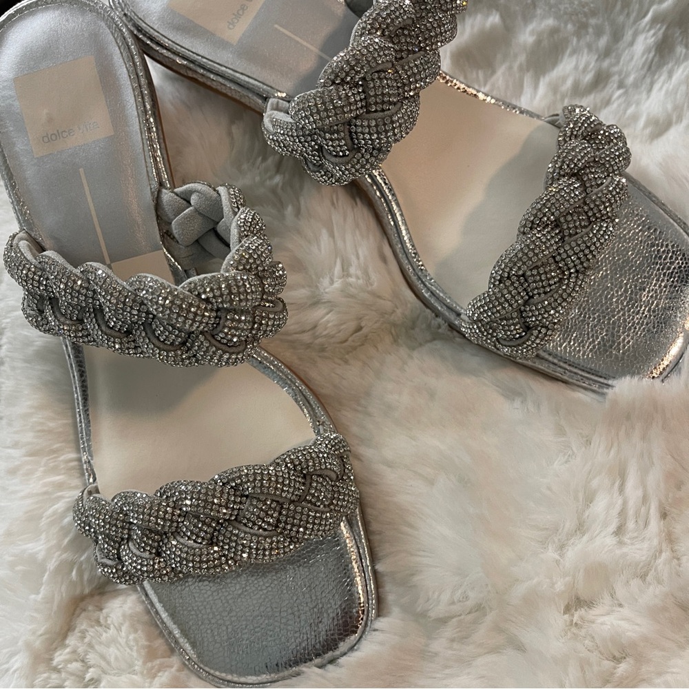 Ronin Rhinestone Braided Block-Heel Sandals Silver Size 9.5 - Picture 2 of 10